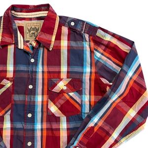 Red Camel Mens Plaid Long Sleeve Casual Button Down Shirt,‎ Red Blue Orange